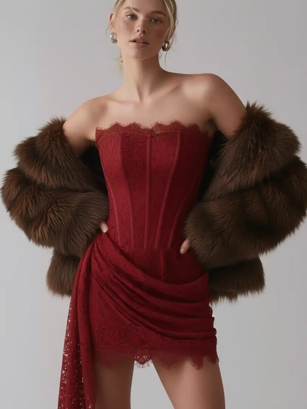 Strapless Lace Sculptural Tube Draped Bobycon Mini Dress Deep Wine Cider Sexy